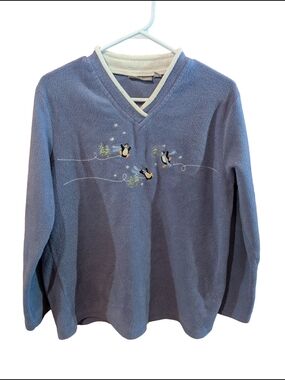 croft & barrow Blue Fleece Sweater with Penguin Embroidery